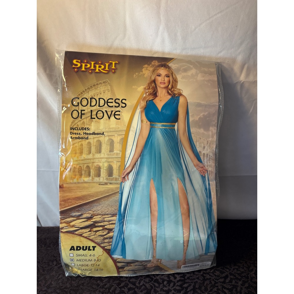 Spirit Halloween Goddess of Love Costume Blue Greek Roman Dress Set Womens Med.